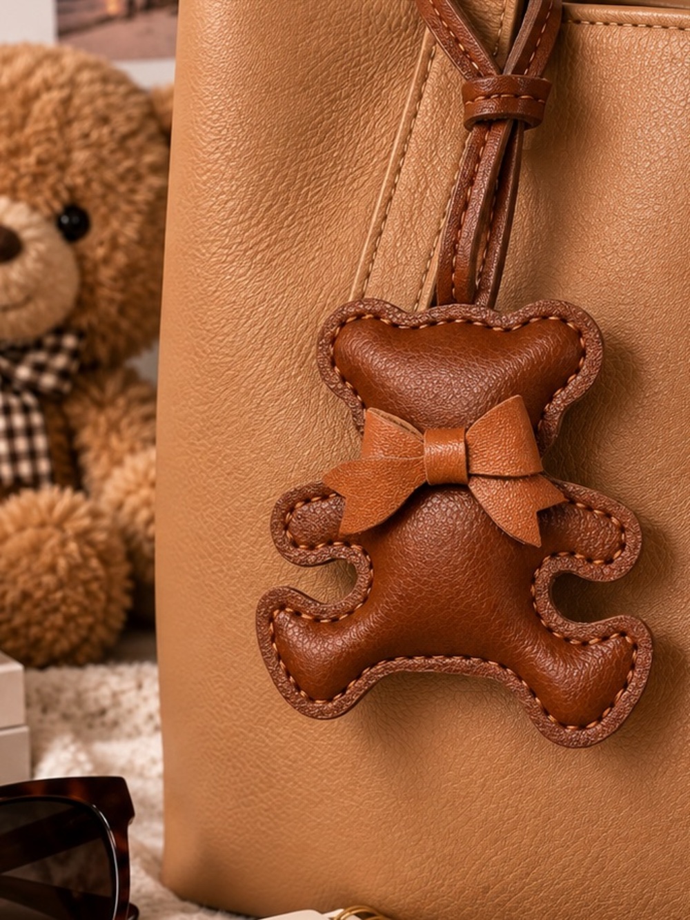 Brown Teddy Bear Bag Charm with Brown Bow